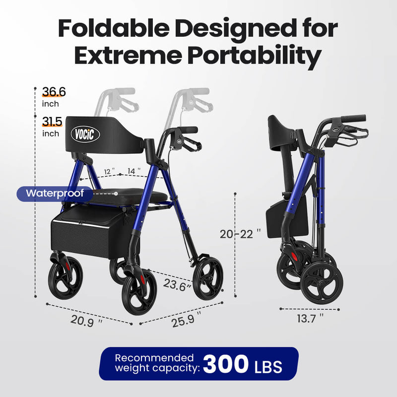 VOCIC Z21 Rollator Walker for Seniors with Seat, Folding, Adjustable Height