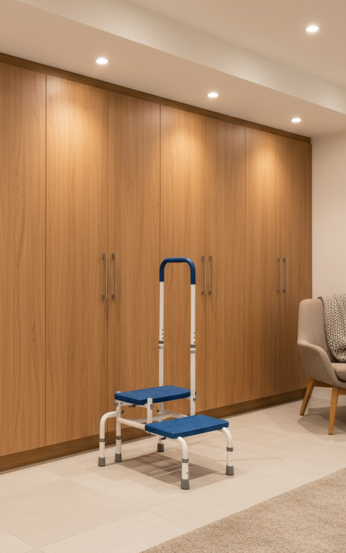 Platinum Health Group Double Step Stool with Adjustable Handle & Legs – High-View Blue Non-Slip Steps for Safe, Stable Reach – Height Adjustable Support Rail – Heavy-Duty Lightweight Frame