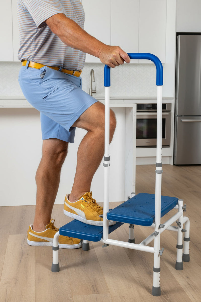 Platinum Health Group Double Step Stool with Adjustable Handle & Legs – High-View Blue Non-Slip Steps for Safe, Stable Reach – Height Adjustable Support Rail – Heavy-Duty Lightweight Frame