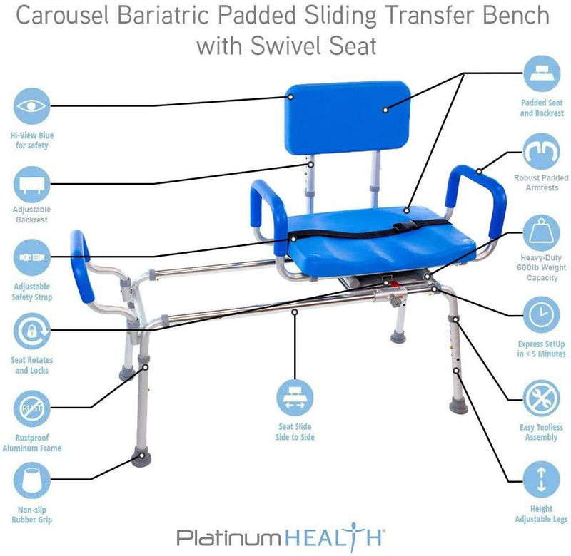 Platinum Health Group The Original Carousel Sliding Transfer Shower Bath Bench with Swivel Seat - BARIATRIC 600LB Capacity for Physically Handicapped or Disabled