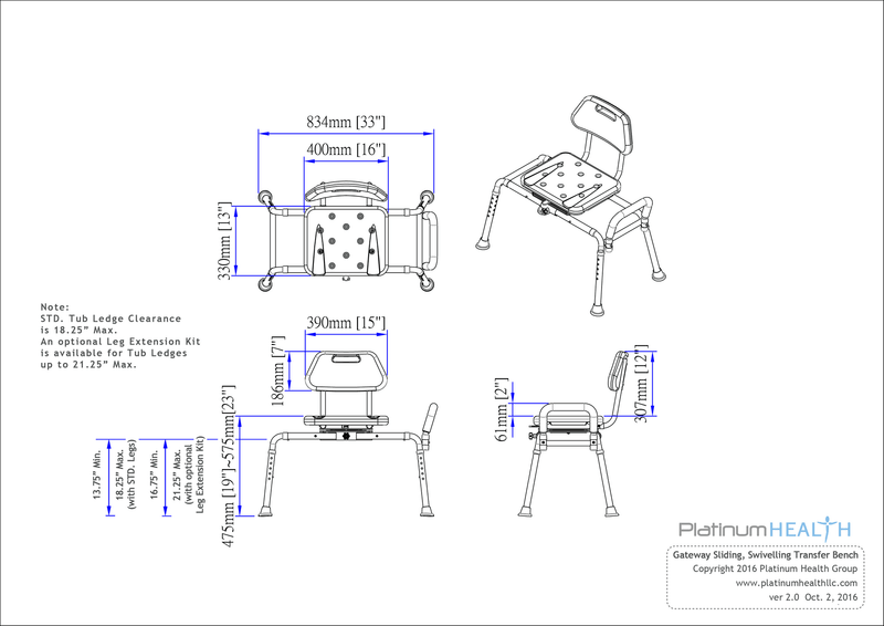 Platinum Health Group Gateway Premium Sliding Bath Transfer Bench with Swivel Seat PADDED
