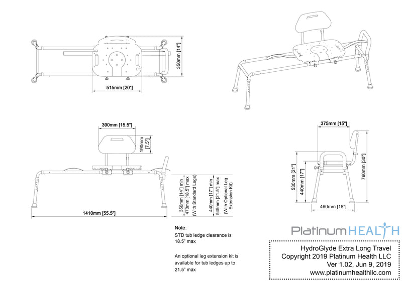 Platinum Health Group HydroGlyde Extended Rail System - Extra Long Horizontal Extensions for the Physically Handicapped or Disabled.