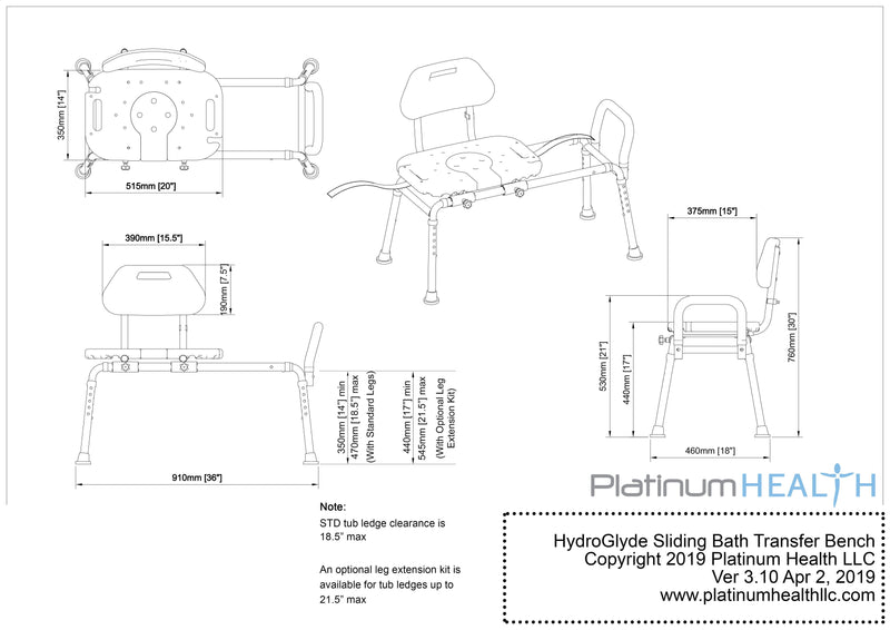 Platinum Health Group HydroGlyde Premium Sliding Bath Transfer Bench with Cutout for the Physically Handicapped or Disabled