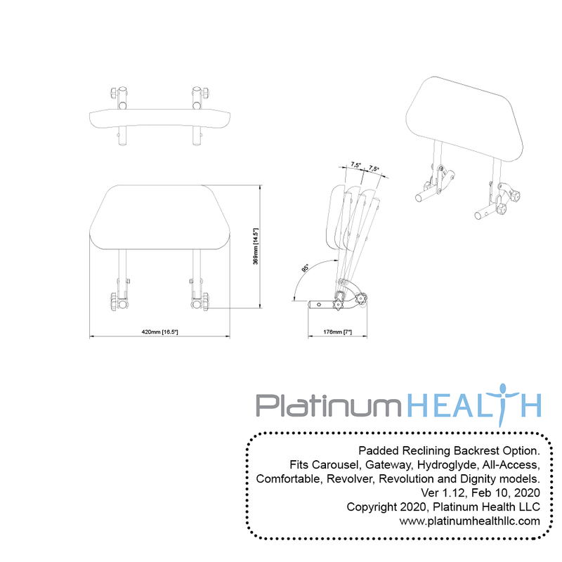 Platinum Health Group Reclining Padded Backrest - Compatible with Carousel, Gateway and HydroGlyde for the Physically Handicapped or Disabled
