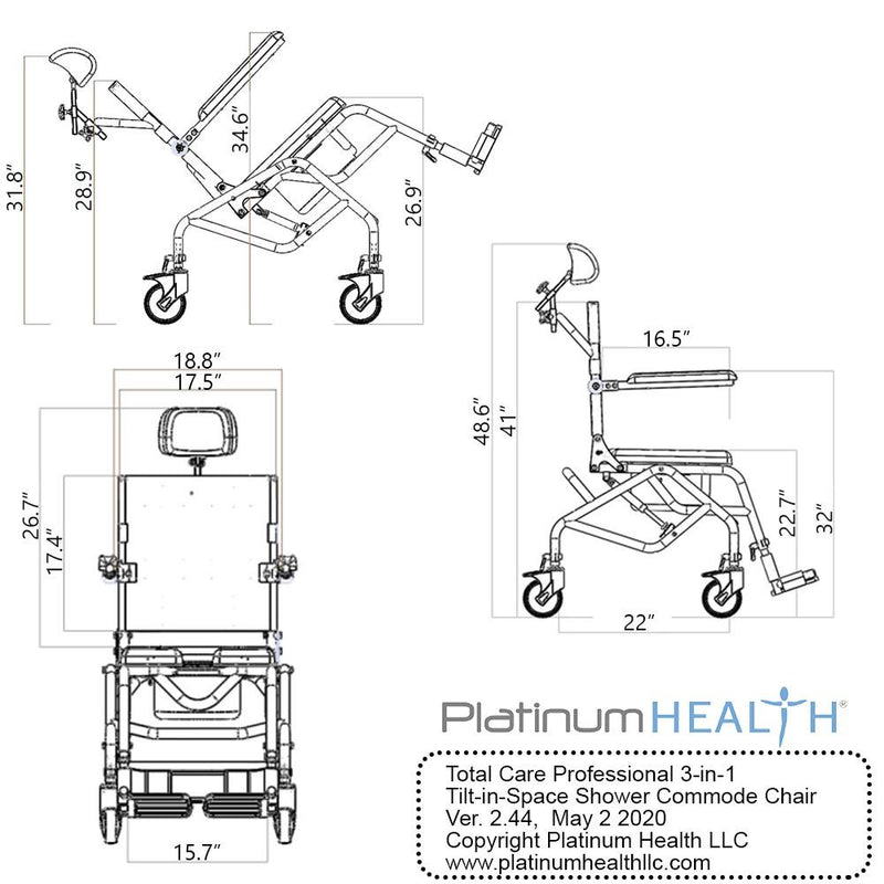 Platinum Health Group Professional Tilt-In-Space Reclining Shower/Commode Chair - Padded