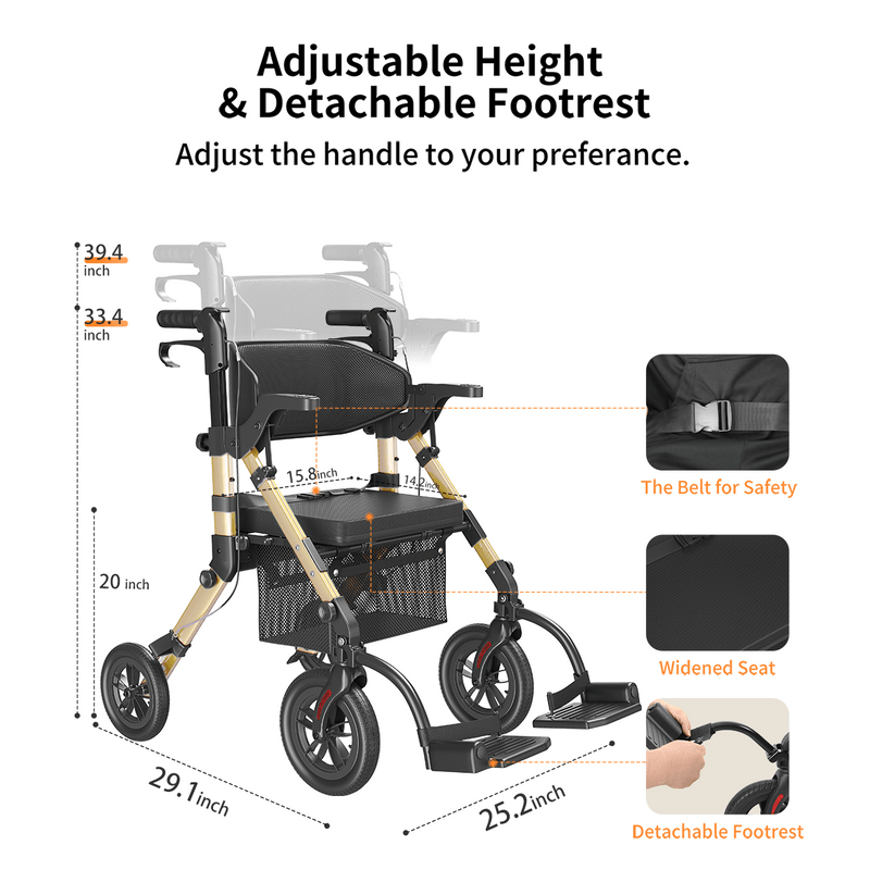 VOCIC Z21 Rollator Walker for Seniors with Seat, Folding, Adjustable Height