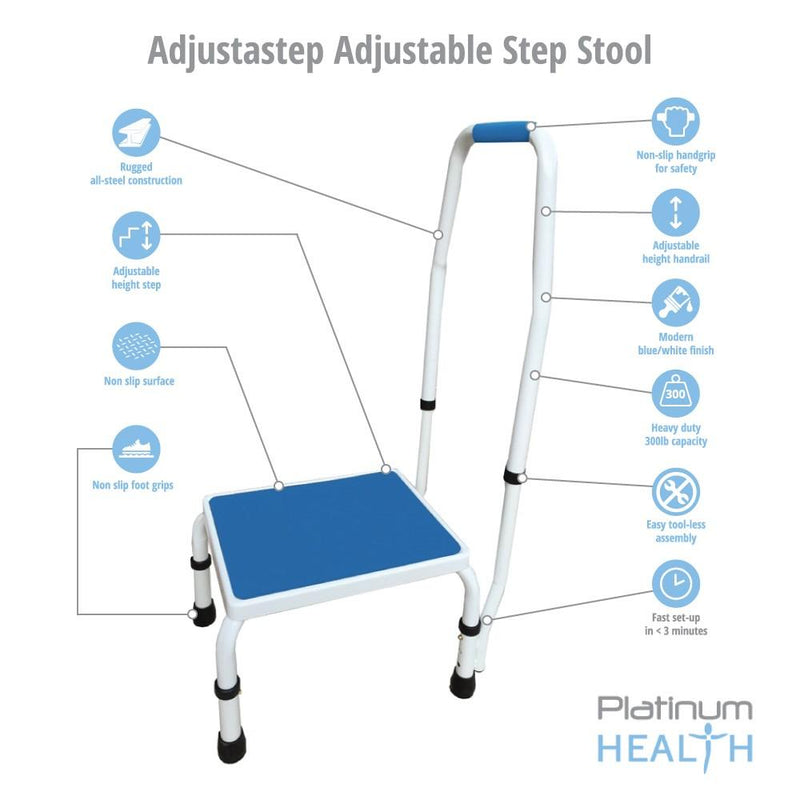 Platinum Health Group AdjustaStep Deluxe Step Stool with Handrail - Available in 300lb and 750lb Weight Capacity