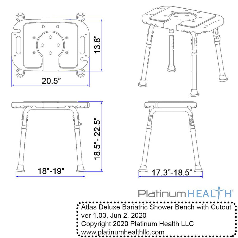 Platinum Health Group Atlas Deluxe Bariatric Shower/Bath Bench, 600lb. Capacity, Padded with Cutout and Insert. Heavy Duty Shower Chair/Stool with Adjustable Height and XL Seat