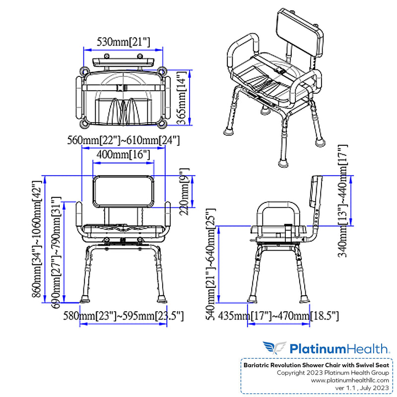 Platinum Health Group Bariatric Revolution Pivoting Swivel Shower Chair - 600lb Capacity for Physically Handicapped or Disabled