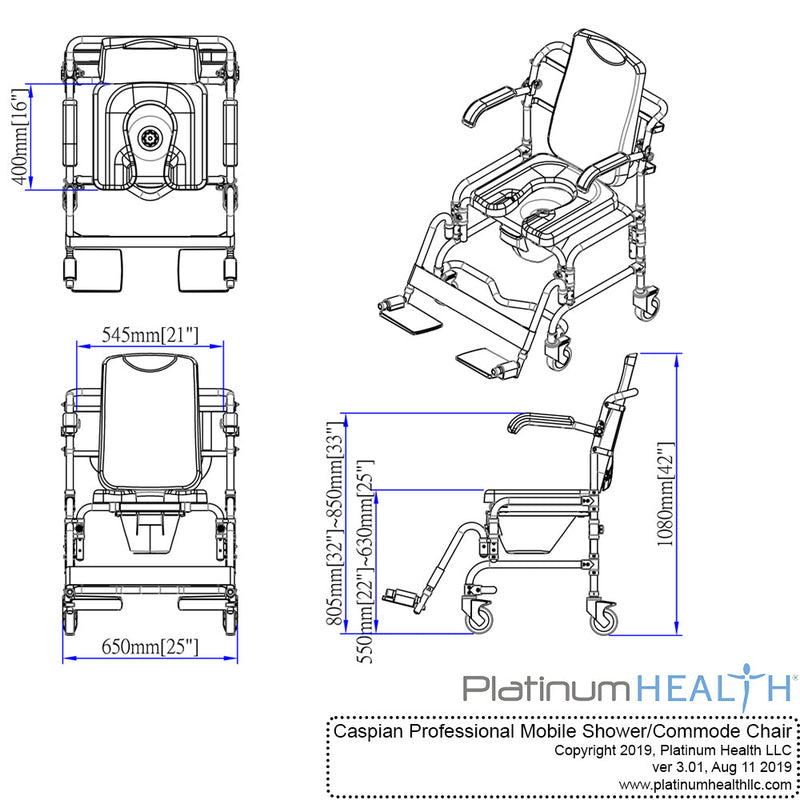 Platinum Health Group The Caspian Professional Mobile Shower Commode Chair
