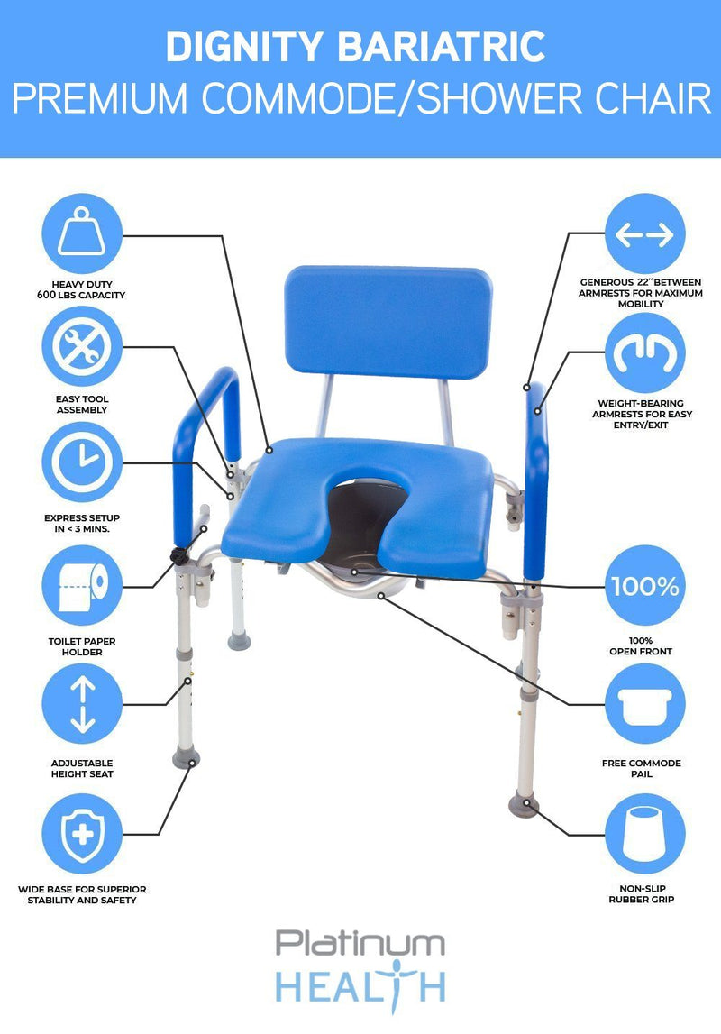 Platinum Health Group Dignity Ultra-Premium Padded BARIATRIC Extra Large Commode/Shower Chair. 600lb Capacity