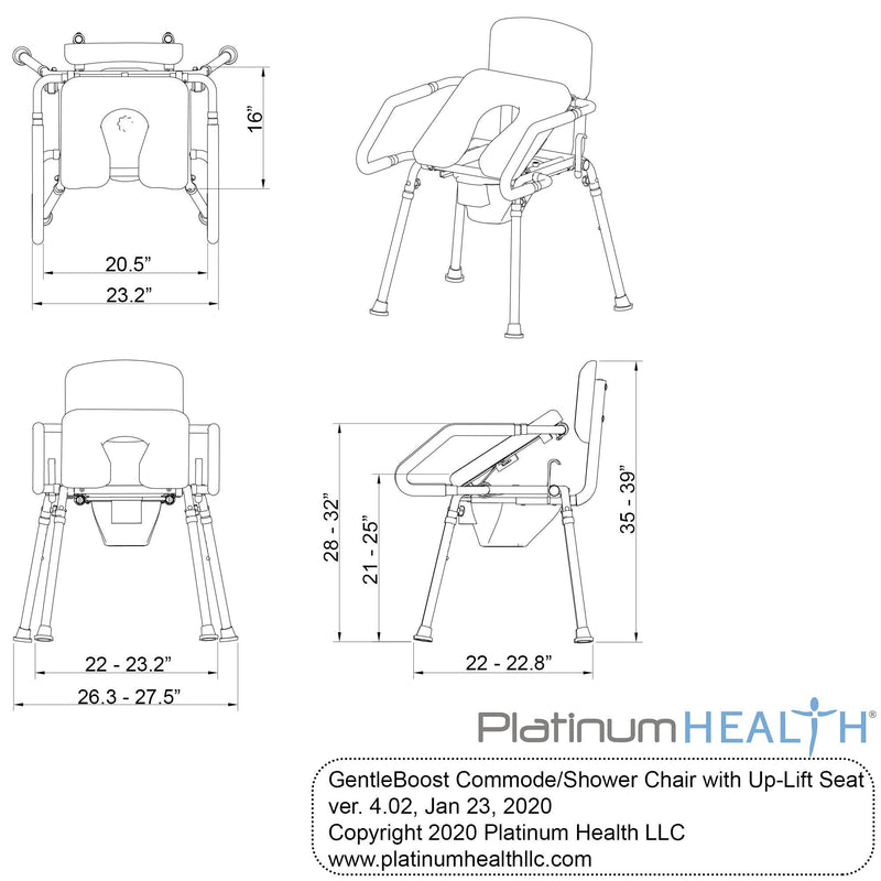 Platinum Health Group GentleBoost Uplift Assist Commode & Shower Chair with Integrated Toilet Safety Rail Self-Powered Uplift Seat