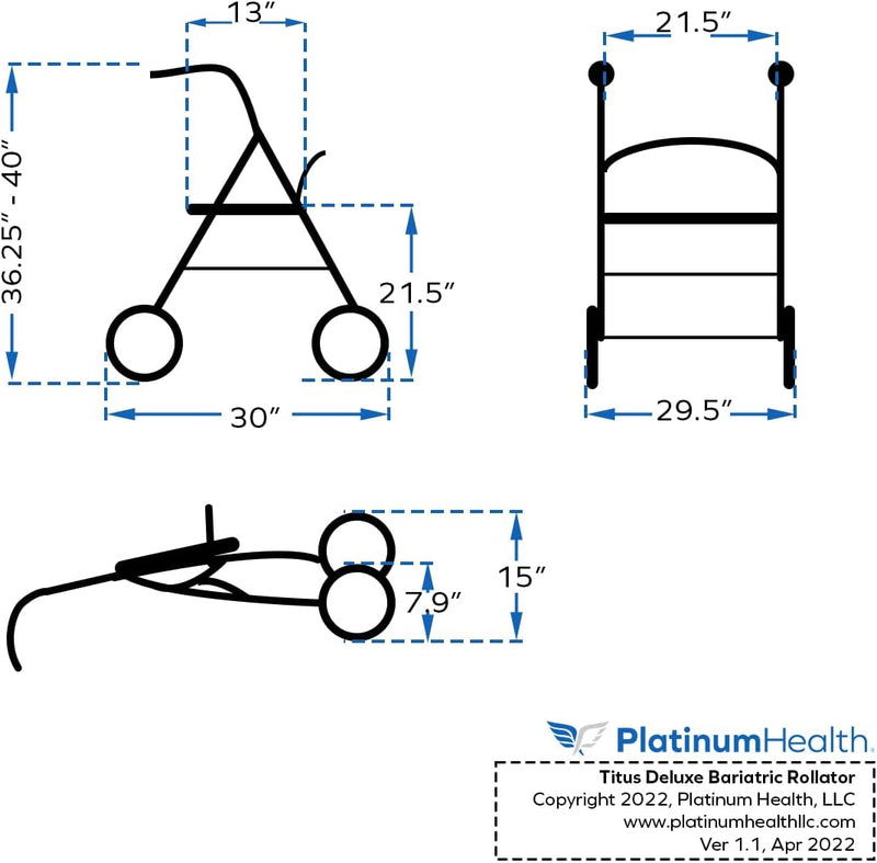 Platinum Health Group 600lb. Capacity Titus Extra-Wide Deluxe Bariatric Walker Rollator. Heavy-Duty Oval Tubing. High-Capacity Padded Seat/Backrest. Height Adjustable Angled Hand Grips. Foldable. Indoor/Outdoor Use
