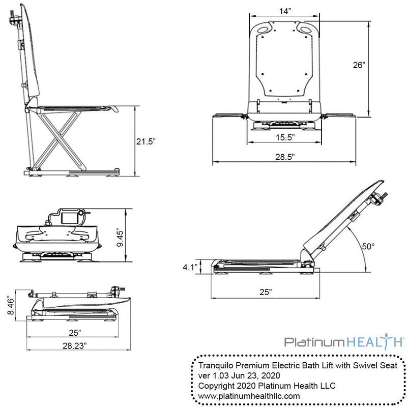 Platinum Health Group Tranquilo Premium Powered Bath Lift with Padded, SAFESWIVEL Rotating Seat and Power Recline Available with Rotating Seat or Deluxe Stationary Seat